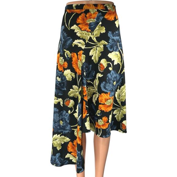 Topshop Navy Blue Multicolor Floral High Waist Asymmetric A Line Midi Skirt Sz 4 - Picture 1 of 7